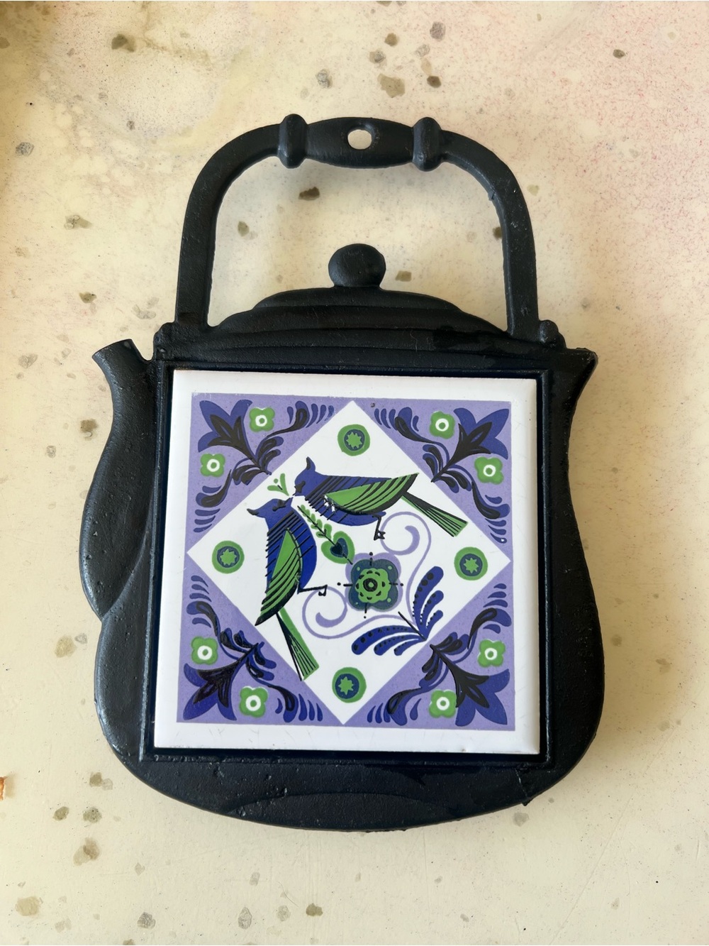 Decorative Black Cast Iron Teapot Trivet with Purple & Green Tile